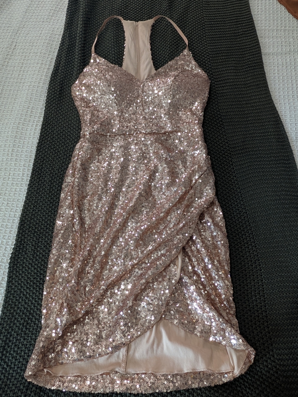 B. Smart Rose Gold Sequin Wrap-Front Prom Dress